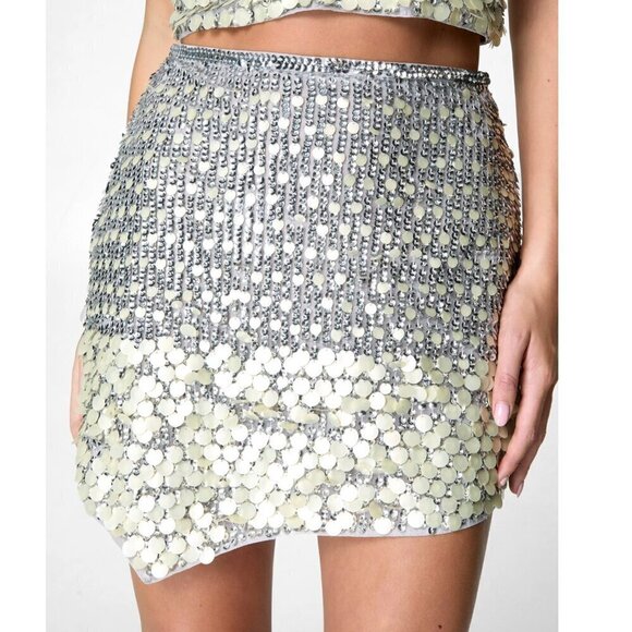 Nasty Gal Hand Embellished Mixed Sequin Asymmetric Mini Skirt, Size 12, NWT - Picture 1 of 4